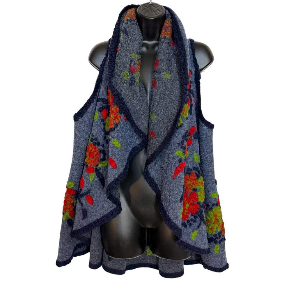 Alexia Made In Italy Wool Blend Floral Waterfall Vest Open Front Drape Shawl XL